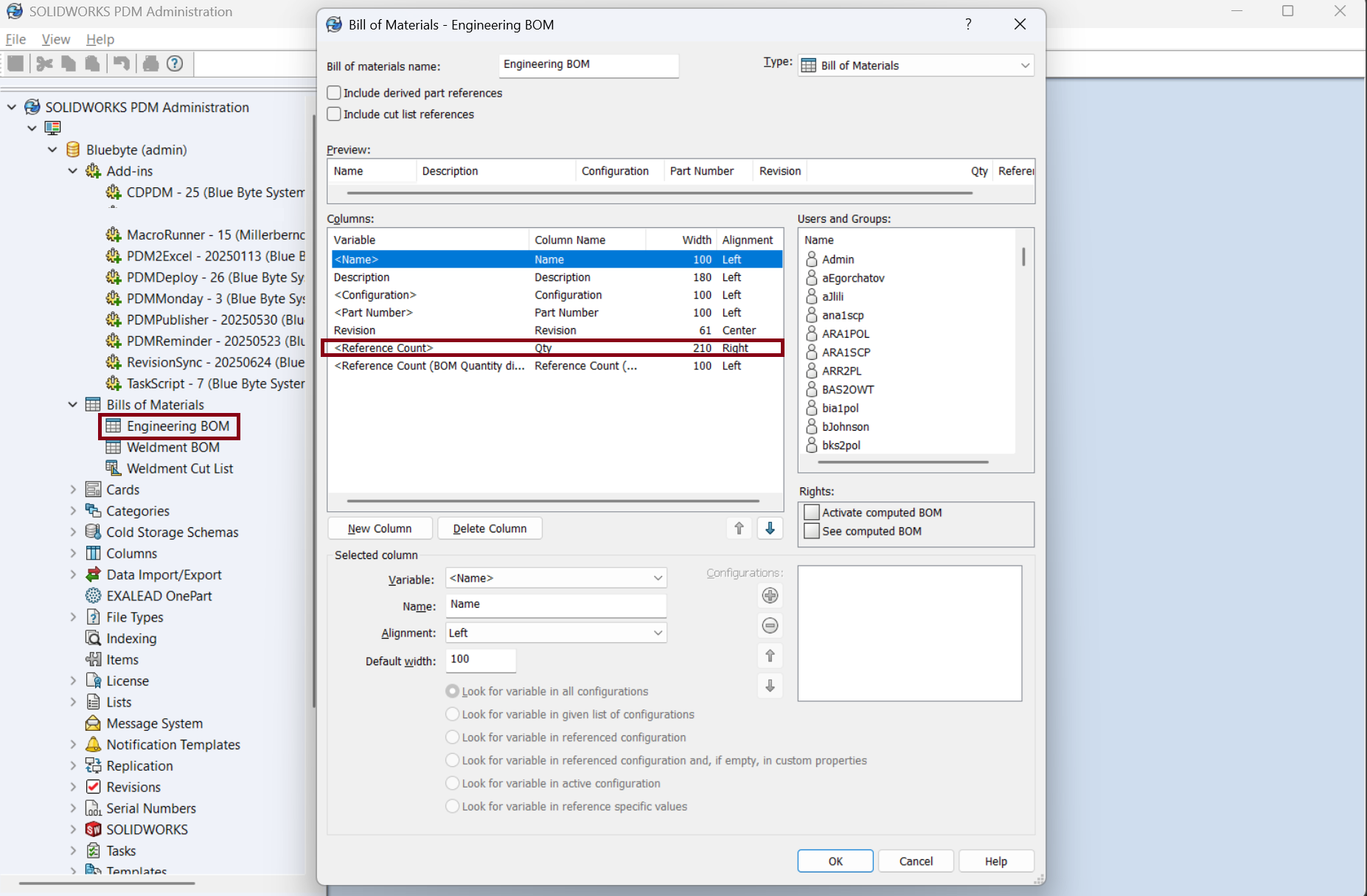 BOM layout columns