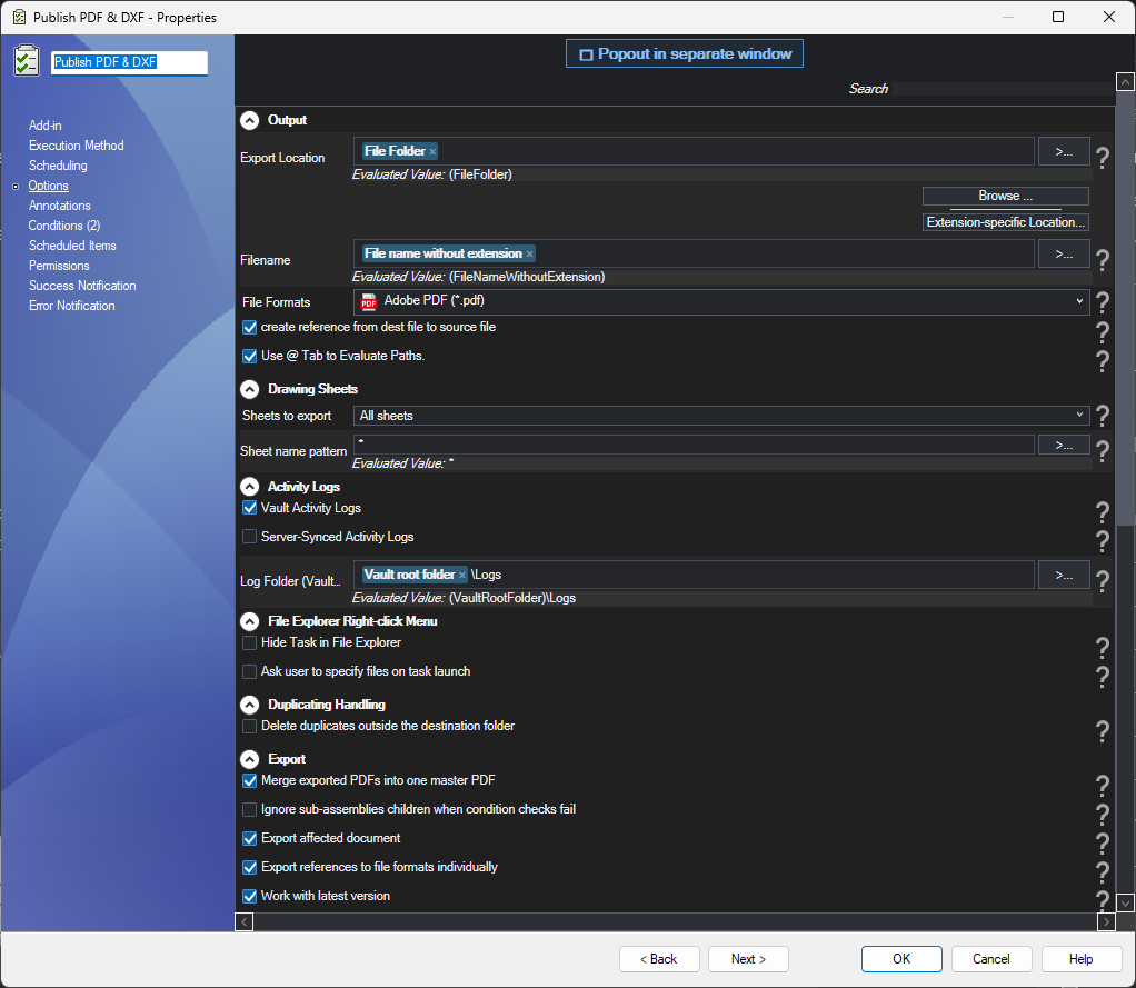 PDMPublisher Options page using the Windows dark theme