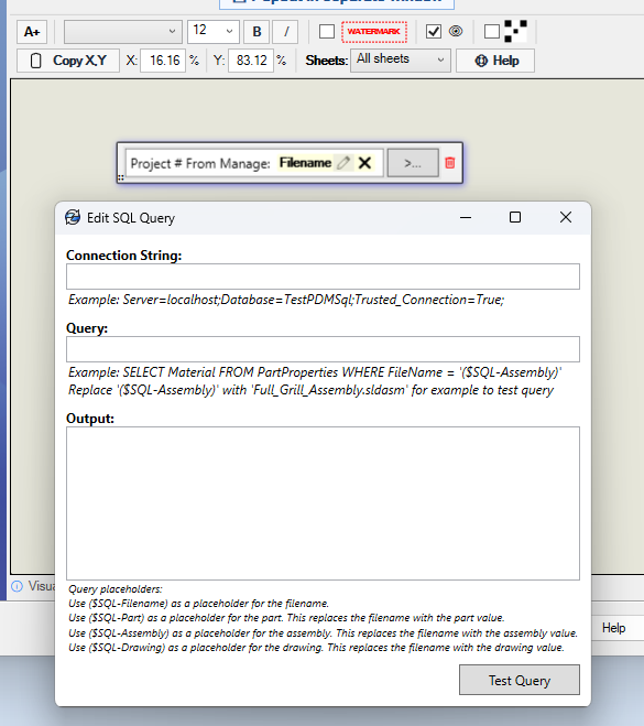 Edit SQL Query dialog showing the connection string, query, output, and SQL placeholders