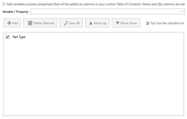 Customize TOC table dialog