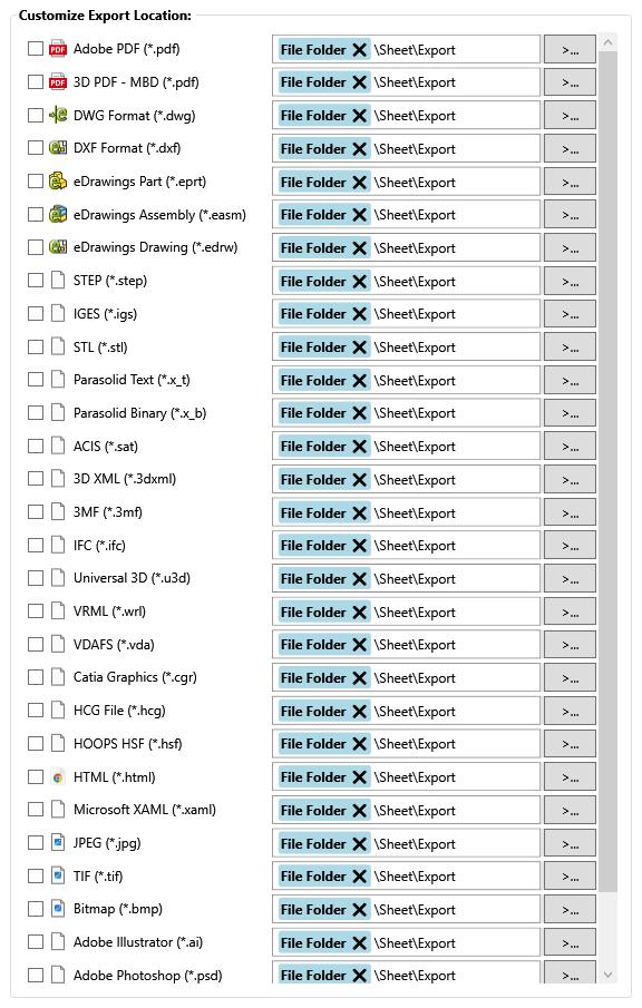 Extension-specific export location dialog