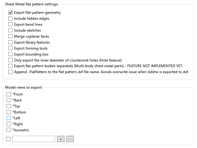 Flat pattern settings dialog