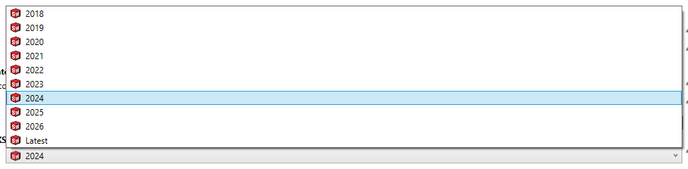 SOLIDWORKS version dropdown