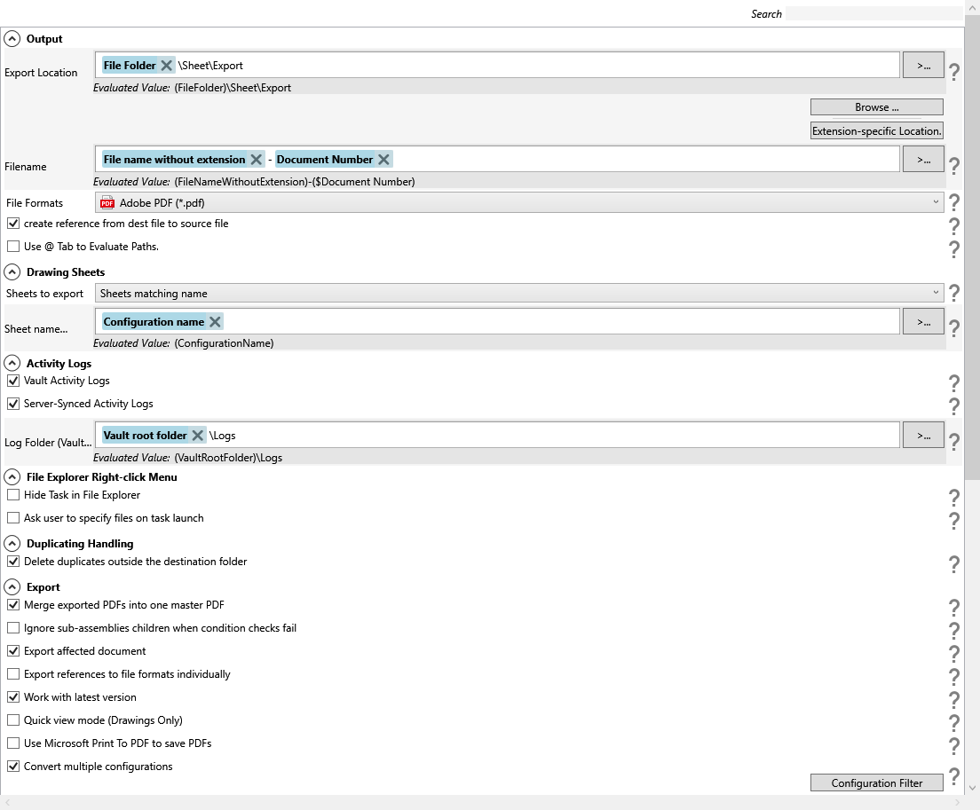 PDMPublisher Options task page