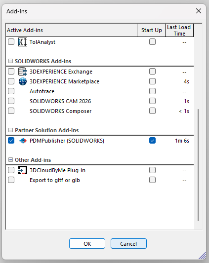 PDMPublisher for SOLIDWORKS listed under Partner Solution Add-Ins