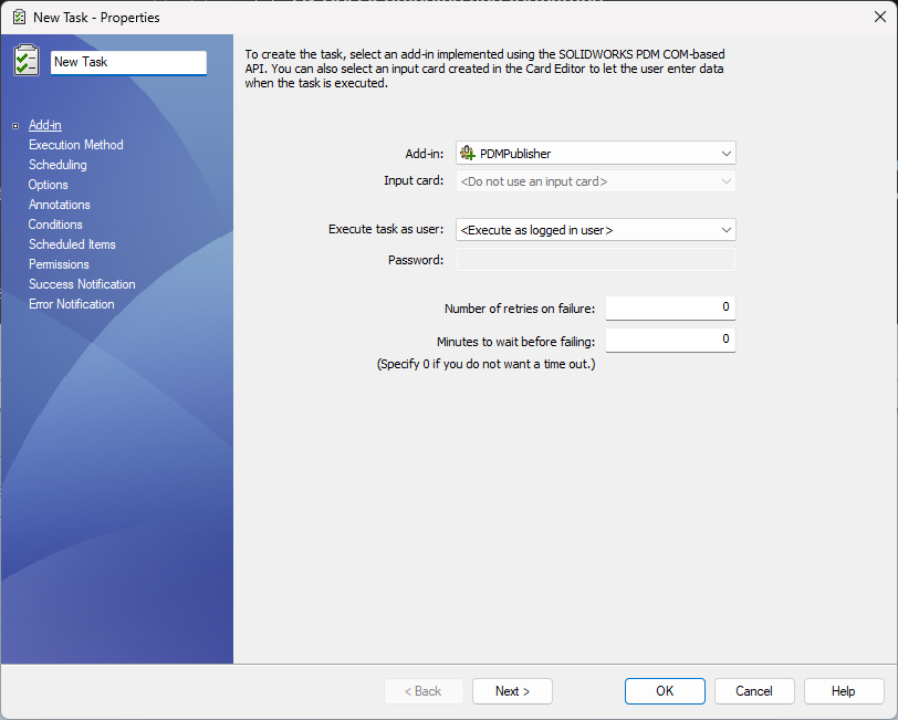 PDMPublisher selected as the task add-in