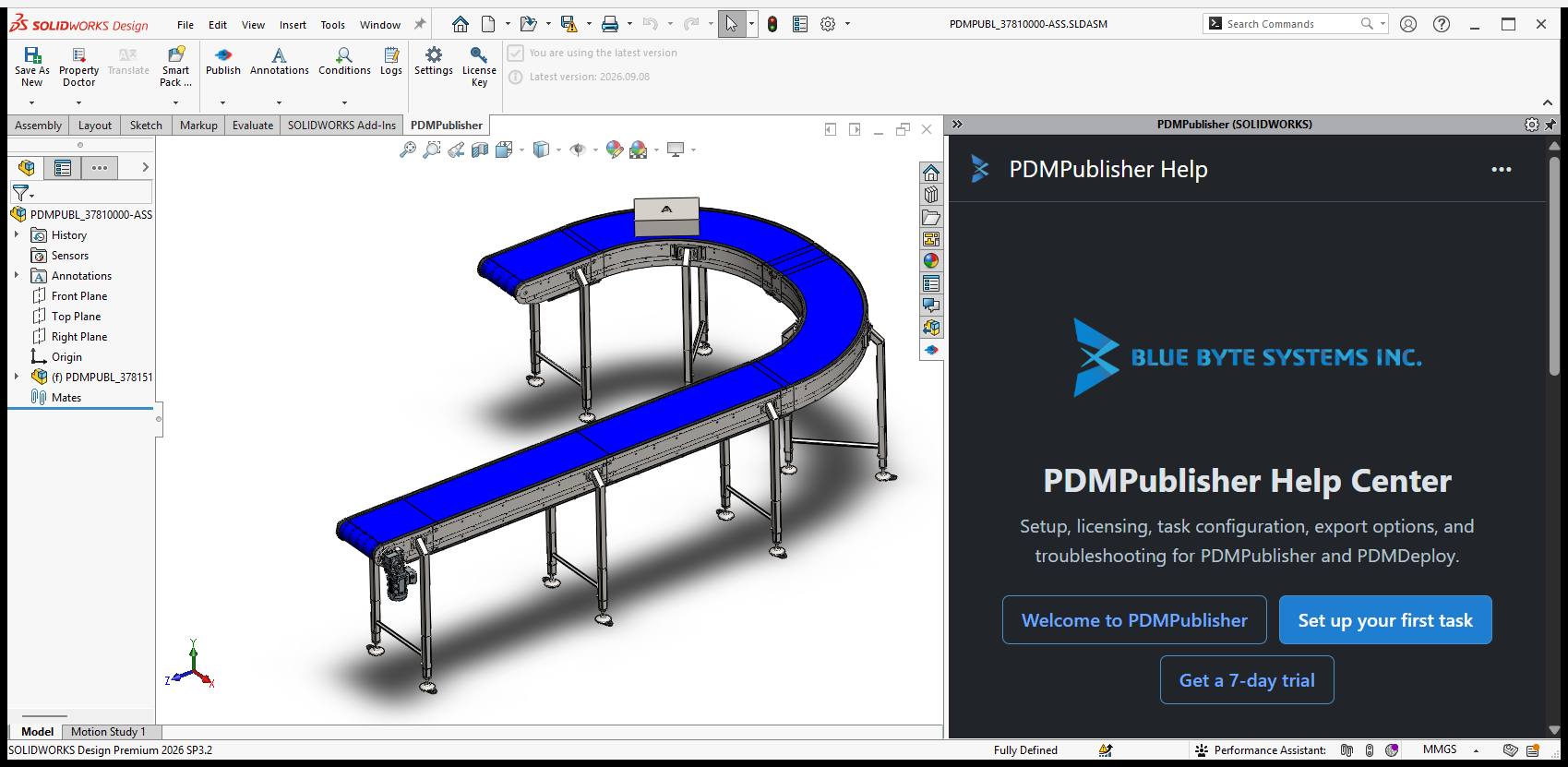 PDMPublisher CommandManager commands and embedded Help pane in SOLIDWORKS 2026