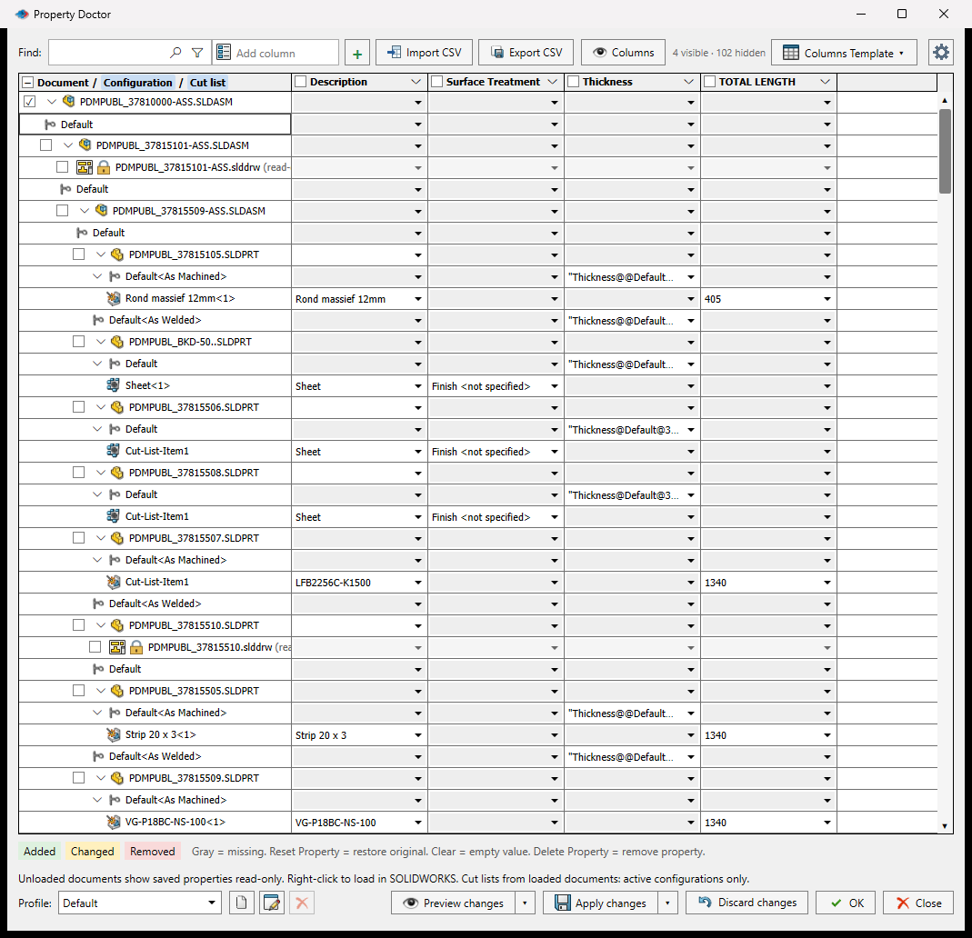 Property Doctor showing document properties across an assembly and its references