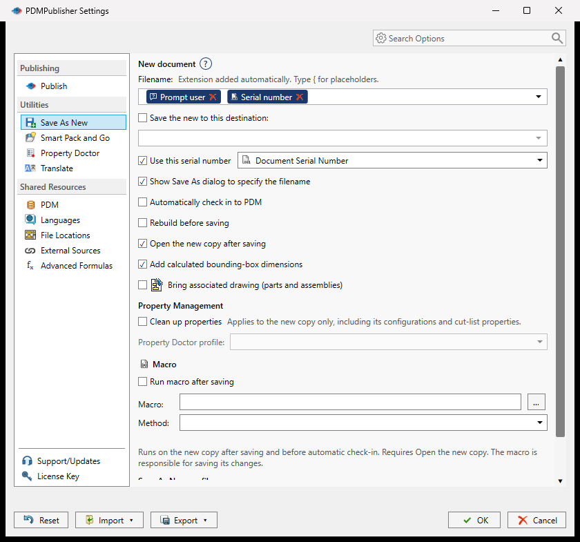 Save As New settings in the unified PDMPublisher Settings dialog