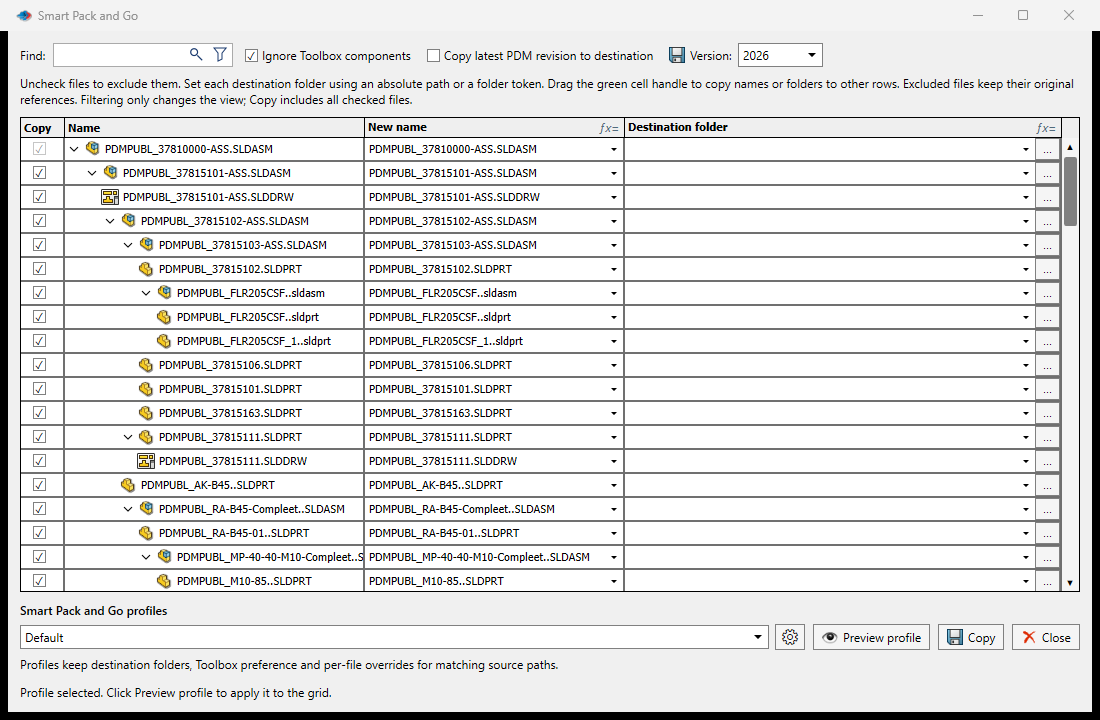 Smart Pack and Go file tree with per-file names and destination folders