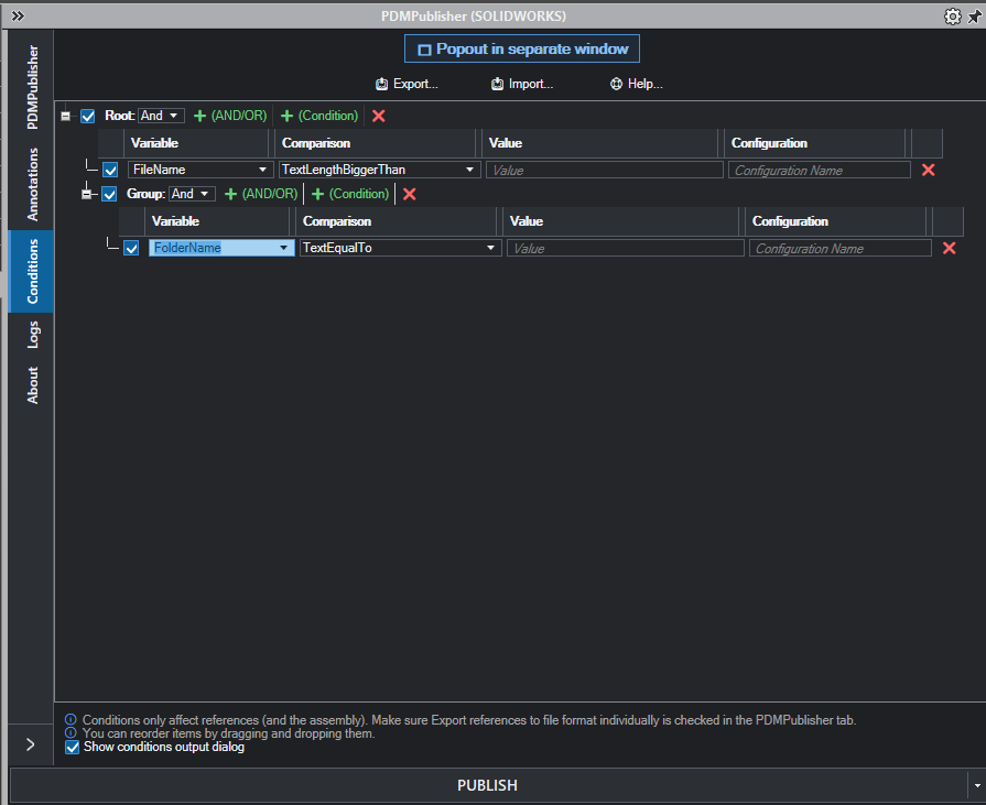 PDMPublisher for SOLIDWORKS Conditions page