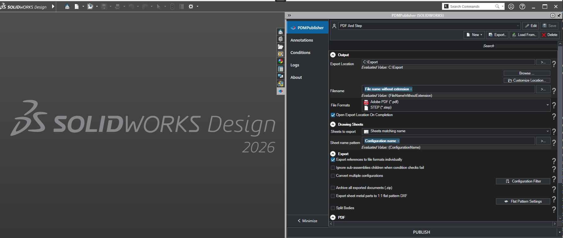 PDMPublisher for SOLIDWORKS Options page