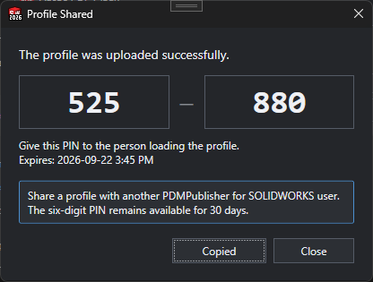 Profile Shared dialog with an expiring six-digit PIN