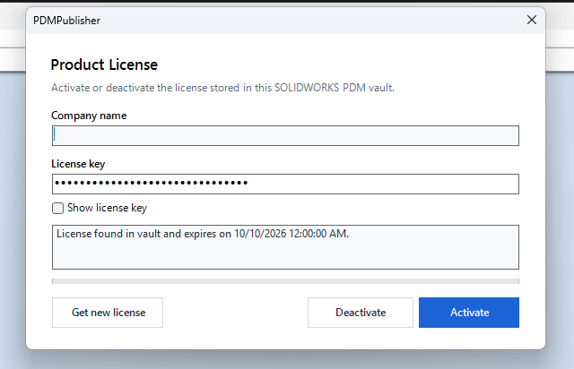 PDMPublisher license manager dialog