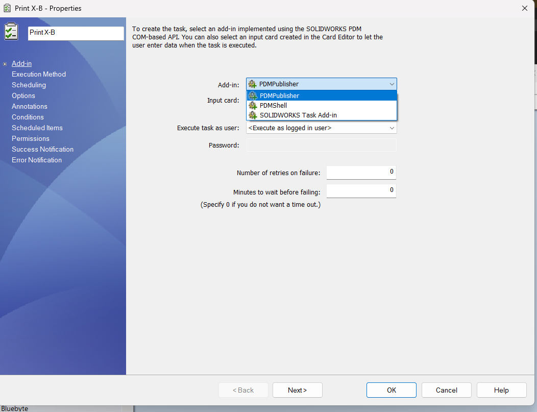 Select PDMPublisher from the Add-in dropdown