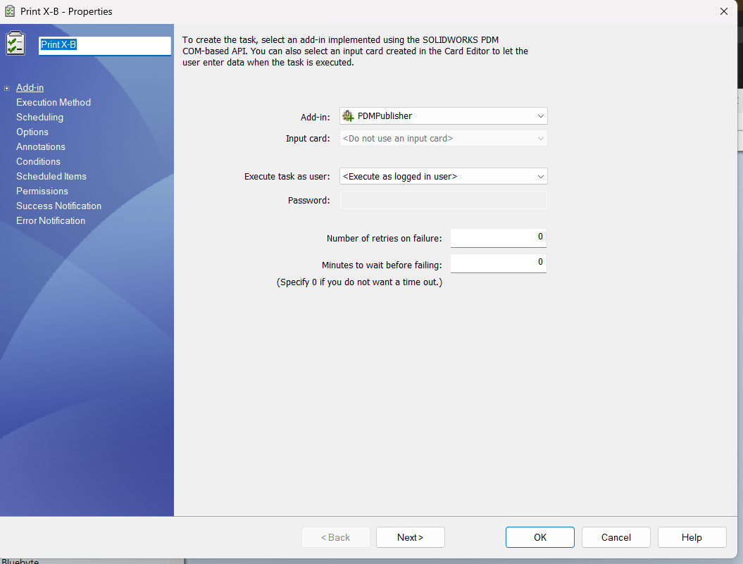 PDMPublisher selected as the task add-in