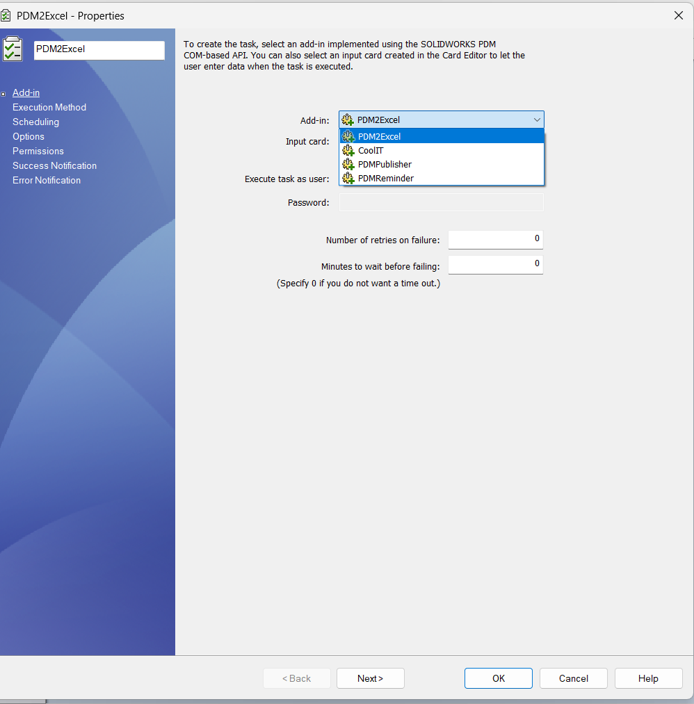 Select PDM2Excel task add-in