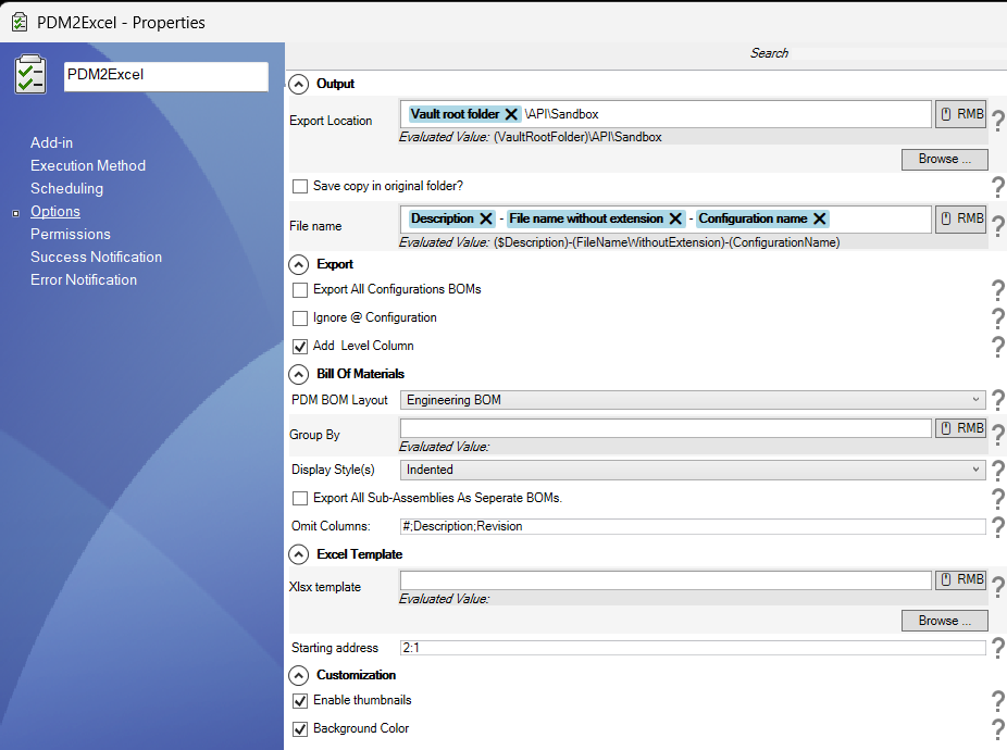 Configure Export Options
