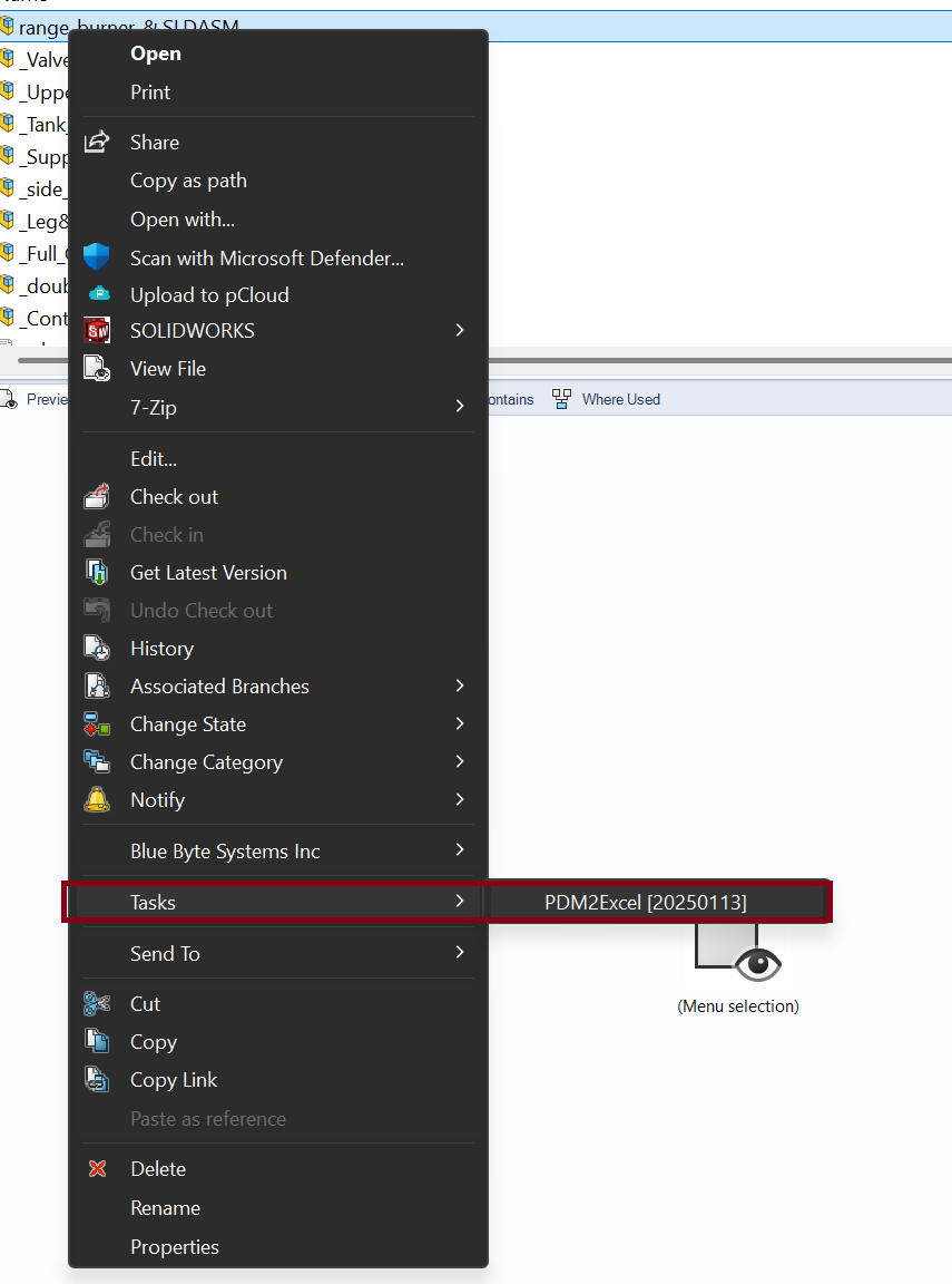 Run the PDM2Excel Task